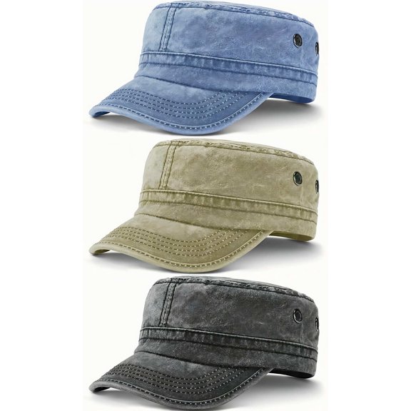 DOVACKA 3 Pieces Cadet Army Cotton Caps Washed Military for Flat Top Caps Adjustable Military Style Hat Unisex