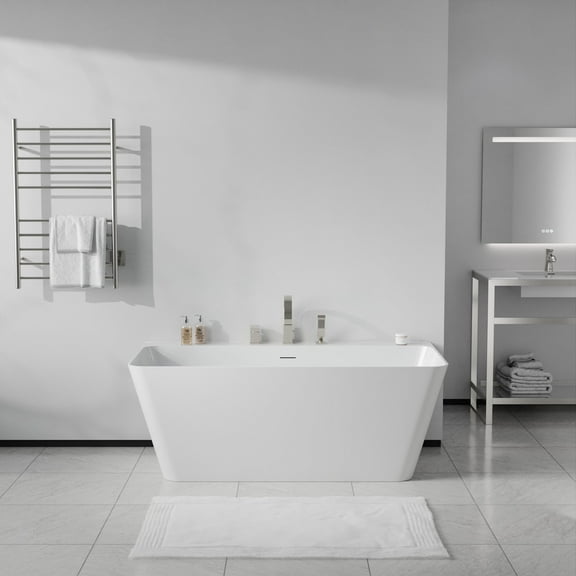 Vault Series 59 in. x 30 in. Flat Bottom Acrylic Freestanding Soaking Bathtub with Center Drain, Brushed Nickel Faucet