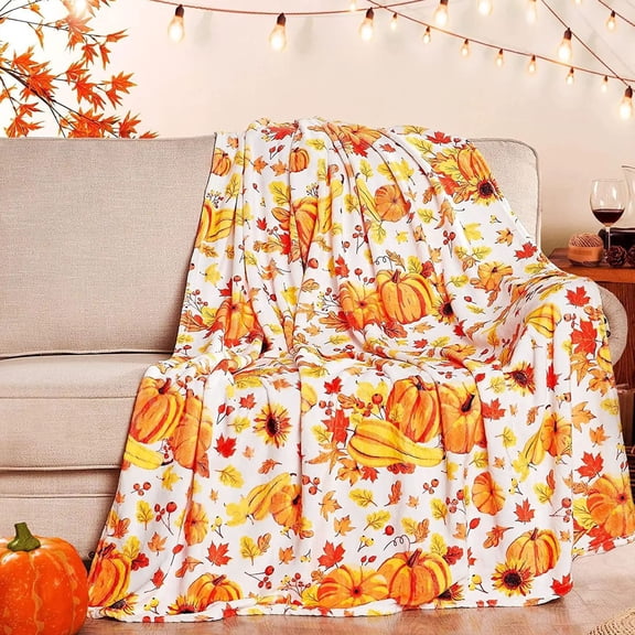PRETXORVE Thanksgiving Blanket, Plush Blanket Pumpkin Sunflower Pattern Printed Throw Blanket Nap Blanket Travel Portable Quilt