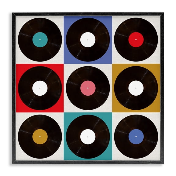 Stupell Industries Geometric Music Records Music Painting Black Framed Art Print Wall Art, 12 x 12