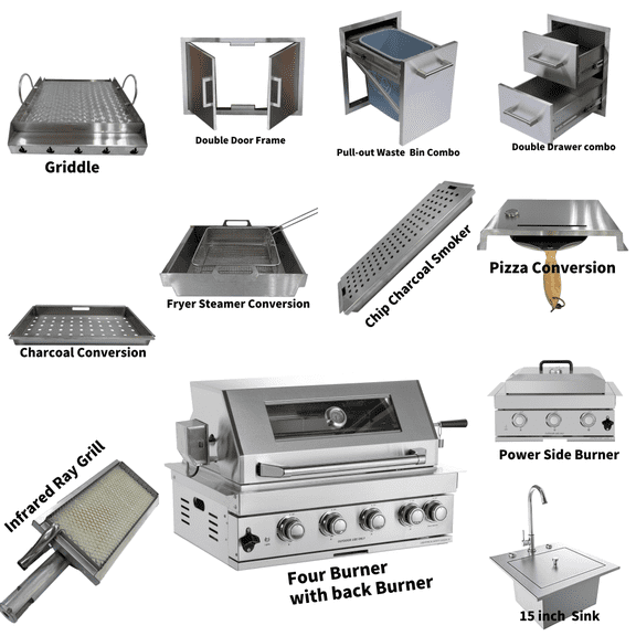 4-Burner Stainless Steel LPG Gas Grill with Infrared Rear Burner, Door, Drawer, and Sink