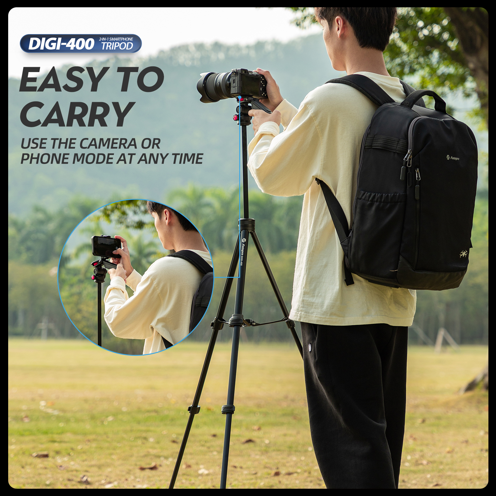 Fotopro 55"Camera Tripod, 2-in-1 Compact Phone Tripod with Fluid Video Head Hidden Cold Shoe Phone Clip, 1.5lbs Lightweight Aluminum Max Load 6.6lbs