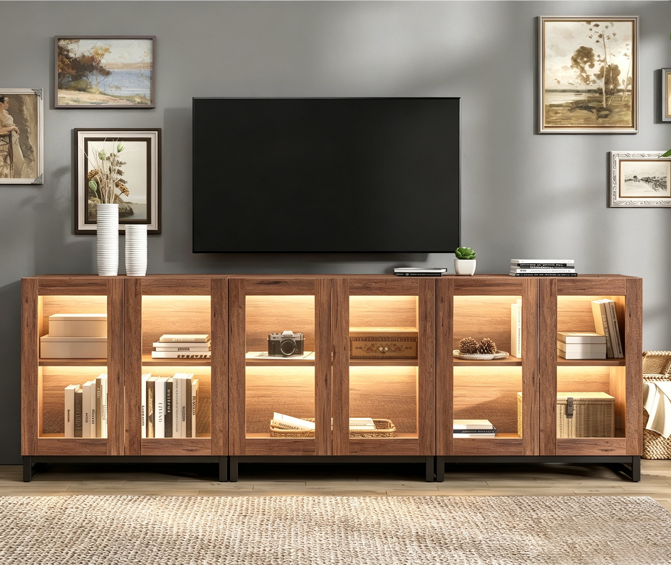 Modern TV Stand with Glass Doors, Entertainment Center TV Console with Adjustable Shelves, Media Storage Furniture up to 70 Inch TVs, Suitable for Living Room,Brown