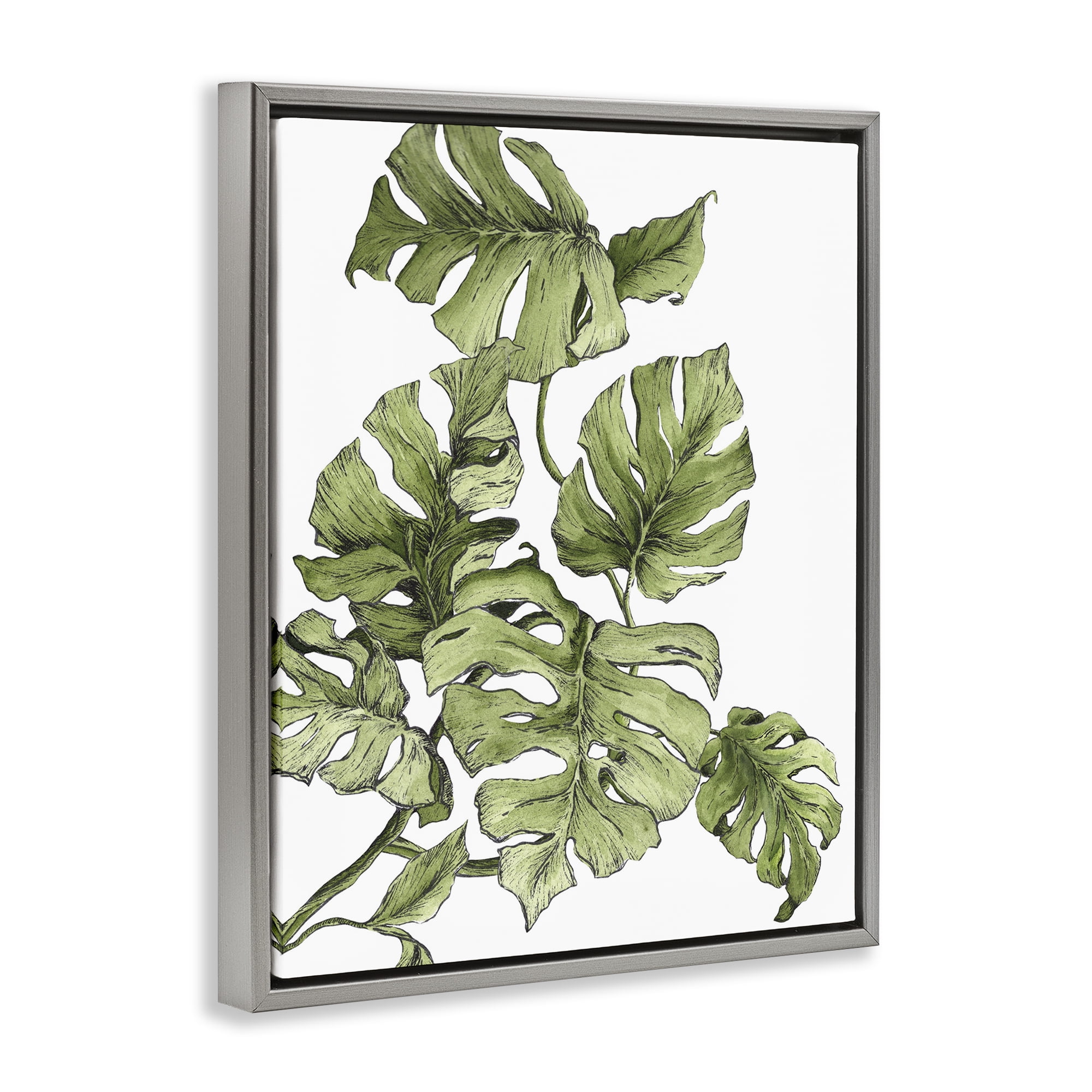 Stupell Industries Falling Monstera Leaves Botanical & Floral Painting Gray Floater Framed Art Print Wall Art, 17 x 21