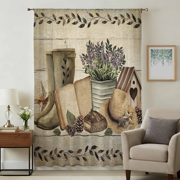 Vintage Farmhouse Sheer Curtains 45 Inches Long, Retro Country Boots Flowers Leaf Wooden Plank Light Filering Curtains, Breathable Simi Curtain Privacy Drapes for Kitchen Bathroom Window Treatment