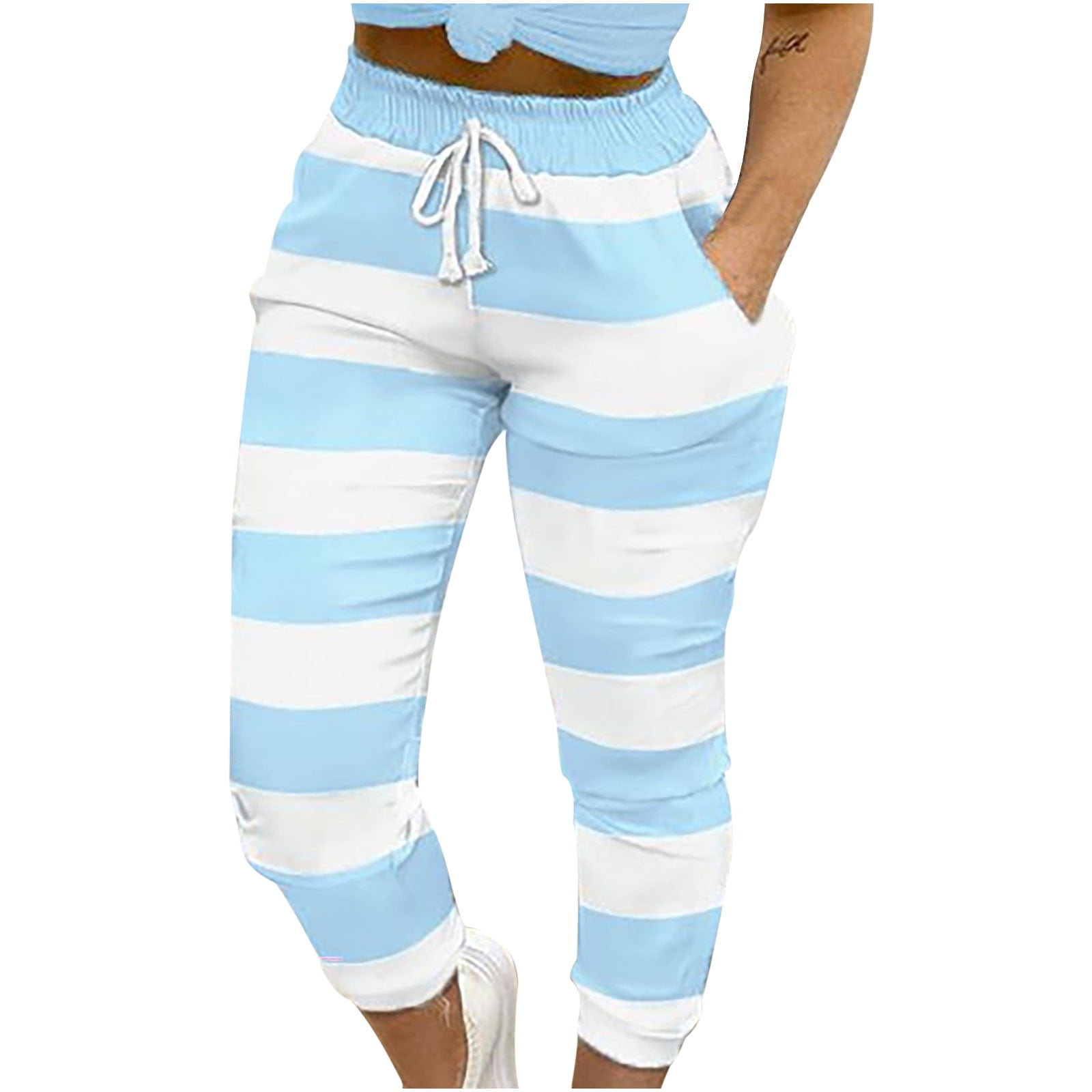 Dadaria Wide Leg Pants for Women Women Fashion Stripe Tie-Dye Printing  Elasticity Drawstring Lacing Pokets Splicing Casual Pants Trousers Blue