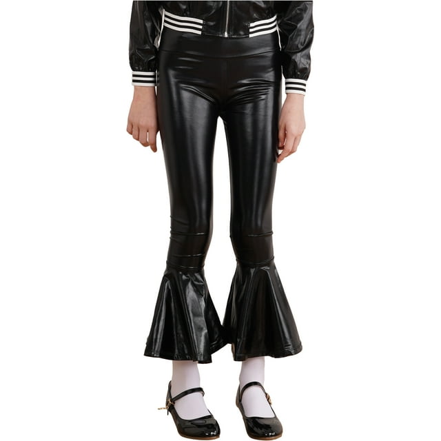 Yhong Girls Stretch Bell Bottoms Flare Pants Little | Big Kid Shiny Metallic Ruffle Bootcut Leggings Black 16