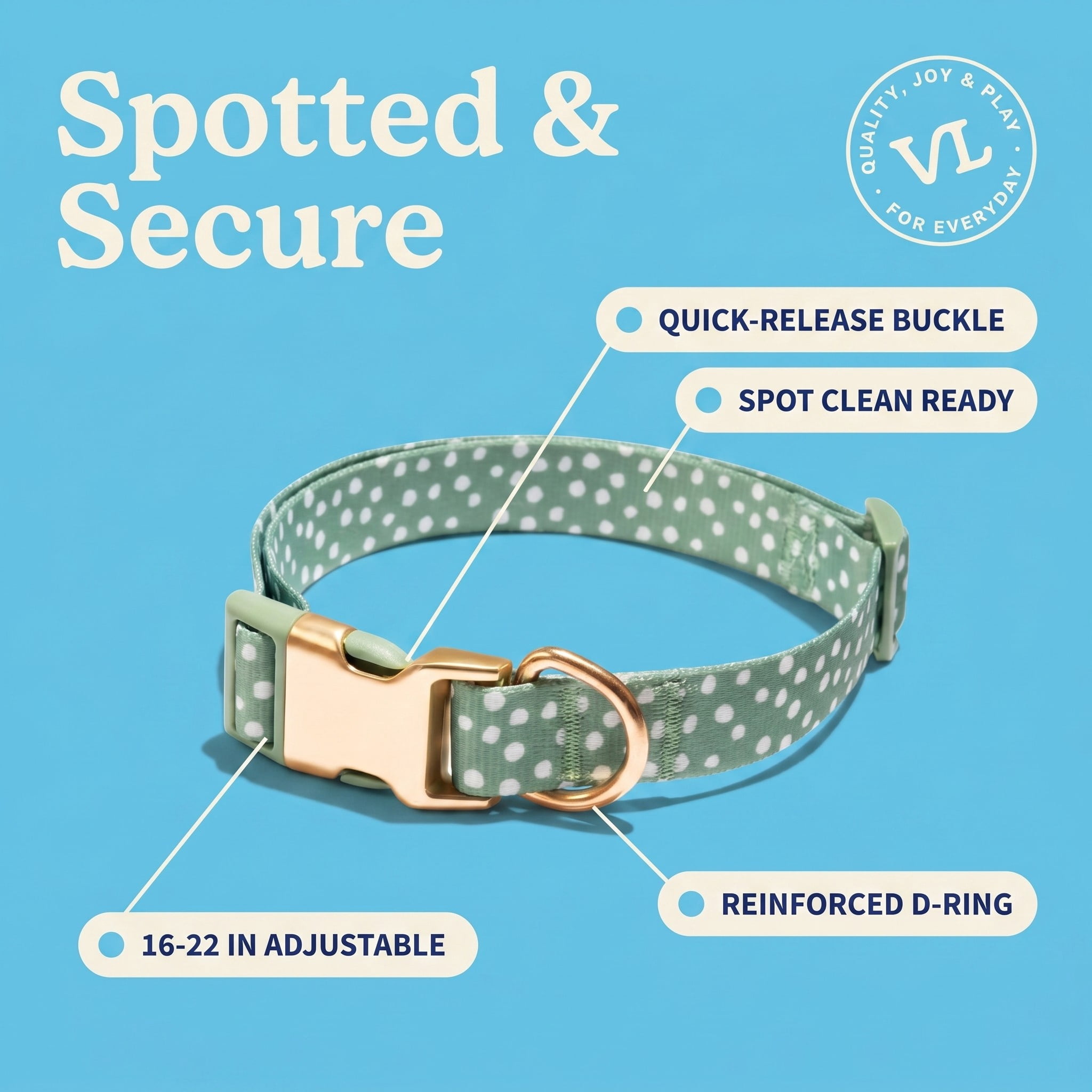 Vibrant Life Adjustable Fashion Dog Collar, Green Polka Dot, Large