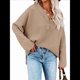 thumbnail image 2 of Suéteres de Gran Tamaño para Mujer, con Mangas Largas de Murciélago, Cuello en V Holgado, Botones, Estilo Henley, Jersey de Punto. Color Café L, 2 of 6