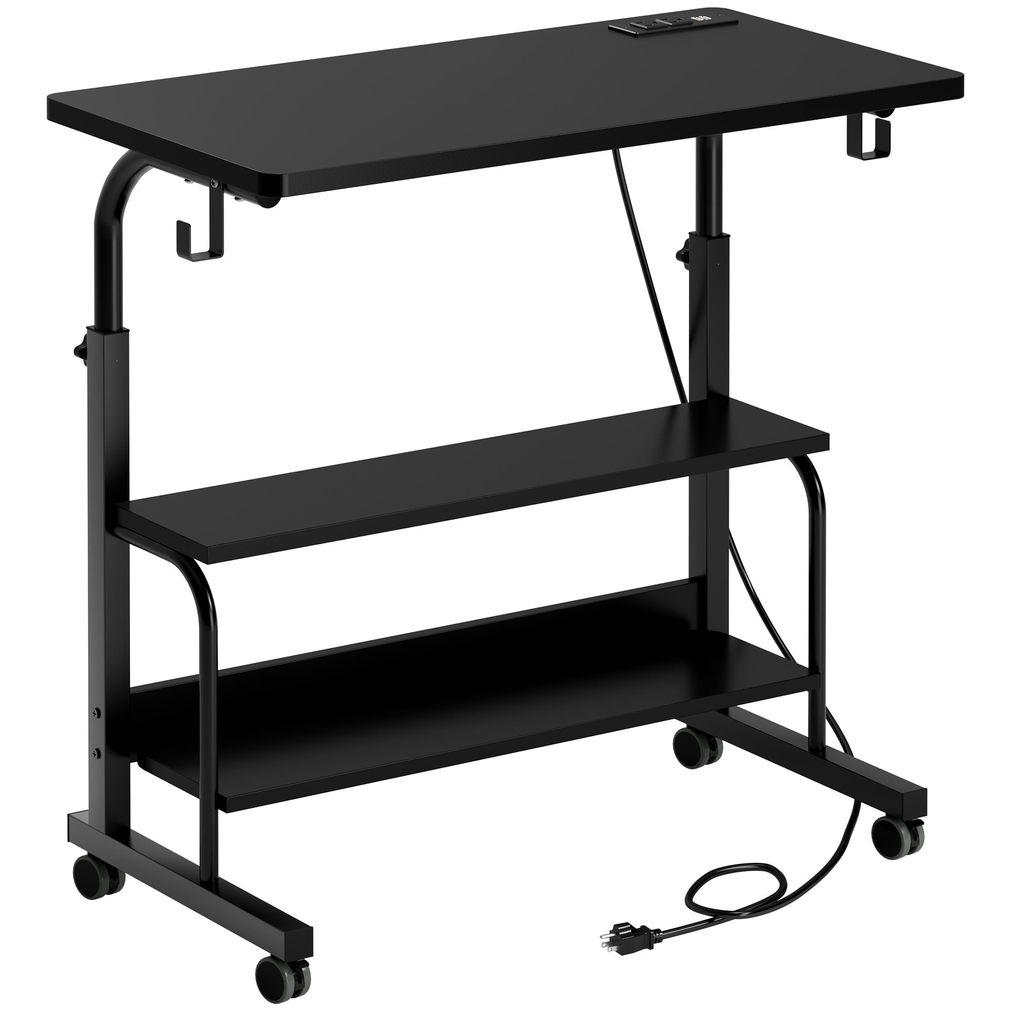 Soges 31.5" Height Adjustable Computer Desk with Charging Station, Adjustable Side Table Movable Laptop Desk with 2 Storage Shelves, Adjustable Desk on Wheels for Home Office, Sofa, Bed, Black