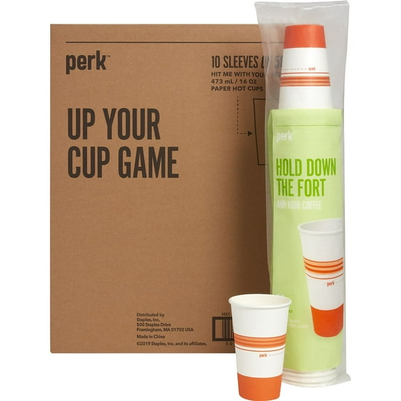 Staples Perk Paper Hot Cup 16 Oz. White/Orange 500/Carton PK54368CT