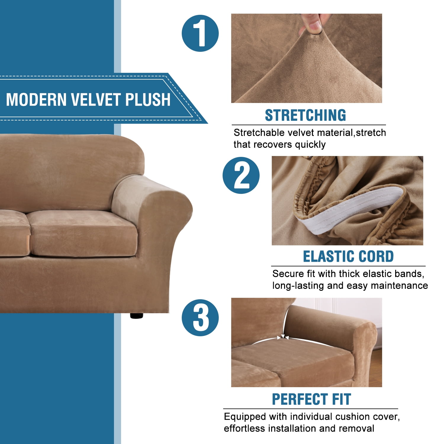 CJC 4-Piece Sofa Couch Covers, Velvet 3 Seater Slipcover for Separate Cushion Couch, Stretch Furniture Protector for Pets Kids, 9 Colors