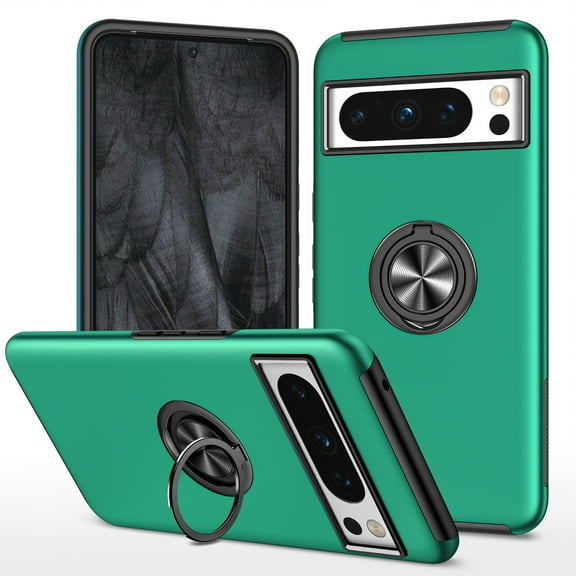 for Google Pixel 8 Pro Case, 360° Rotatable Ring Holder Kickstand Dual Layer Military-Grade Drop Tested Protection Support Car Holder Mount Magnetic Absorbing Bumper Phone Case, Darkgreen