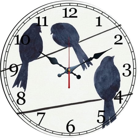 SBEMP10 Inch Silent Wall Clock, Ink Wash Bird On Wire Decorative Wall Clock, Battery Operated Non-Ticking Round Clock for Living Room Bedroom Nature Home Decor