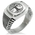thumbnail image 1 of Stainless Steel Celtic Knot Tree of Life CZ Ribbed Needle Stripe Pattern Biker Style Polished Ring, 1 of 1