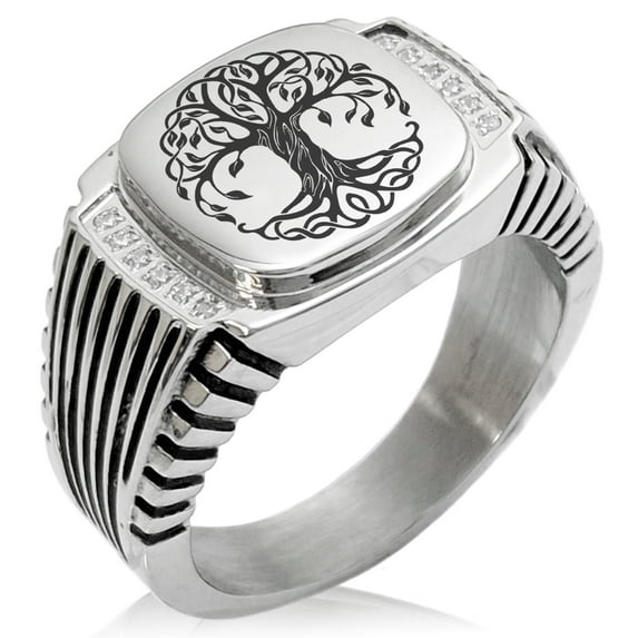 Stainless Steel Celtic Knot Tree of Life CZ Ribbed Needle Stripe Pattern Biker Style Polished Ring