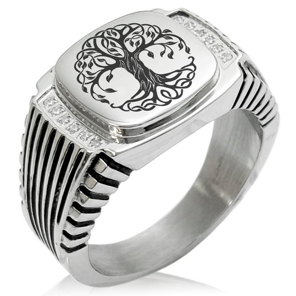 Stainless Steel Celtic Knot Tree of Life CZ Ribbed Needle Stripe Pattern Biker Style Polished Ring