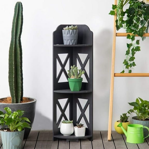 5-Tier Corner Shelf - Space-Saving Storage Rack for Plants, Books & Decor, Heavy Duty Wooden Organizer for Living Room/Bedroom/Bathroom (Black/White)