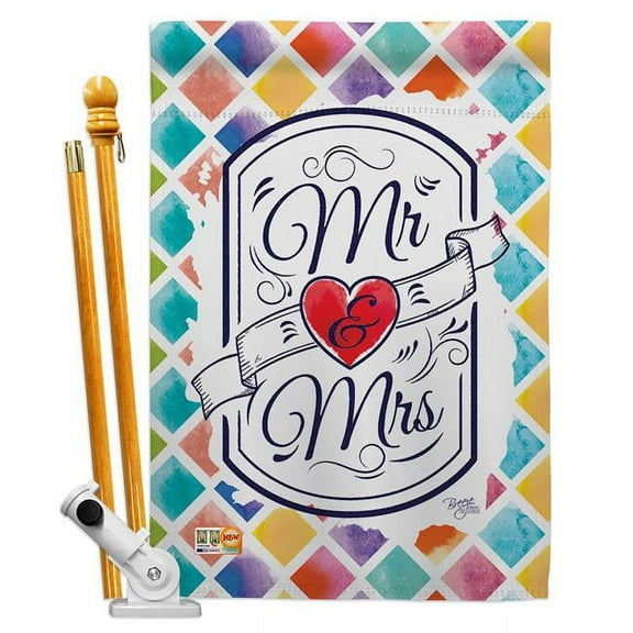 Breeze Decor BD-FY-HS-115112-IP-BO-D-US16-BD 28 x 40 in. Mr & Mrs Special Occasion Family Impressions Decorative Vertical Double Sided House Flag Set with Pole Bracket & Hardware