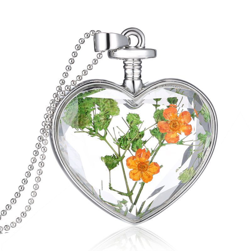 Fashion Heart Dried Flower Glass Bottle Pendant Necklace Woman Party Jewelry New