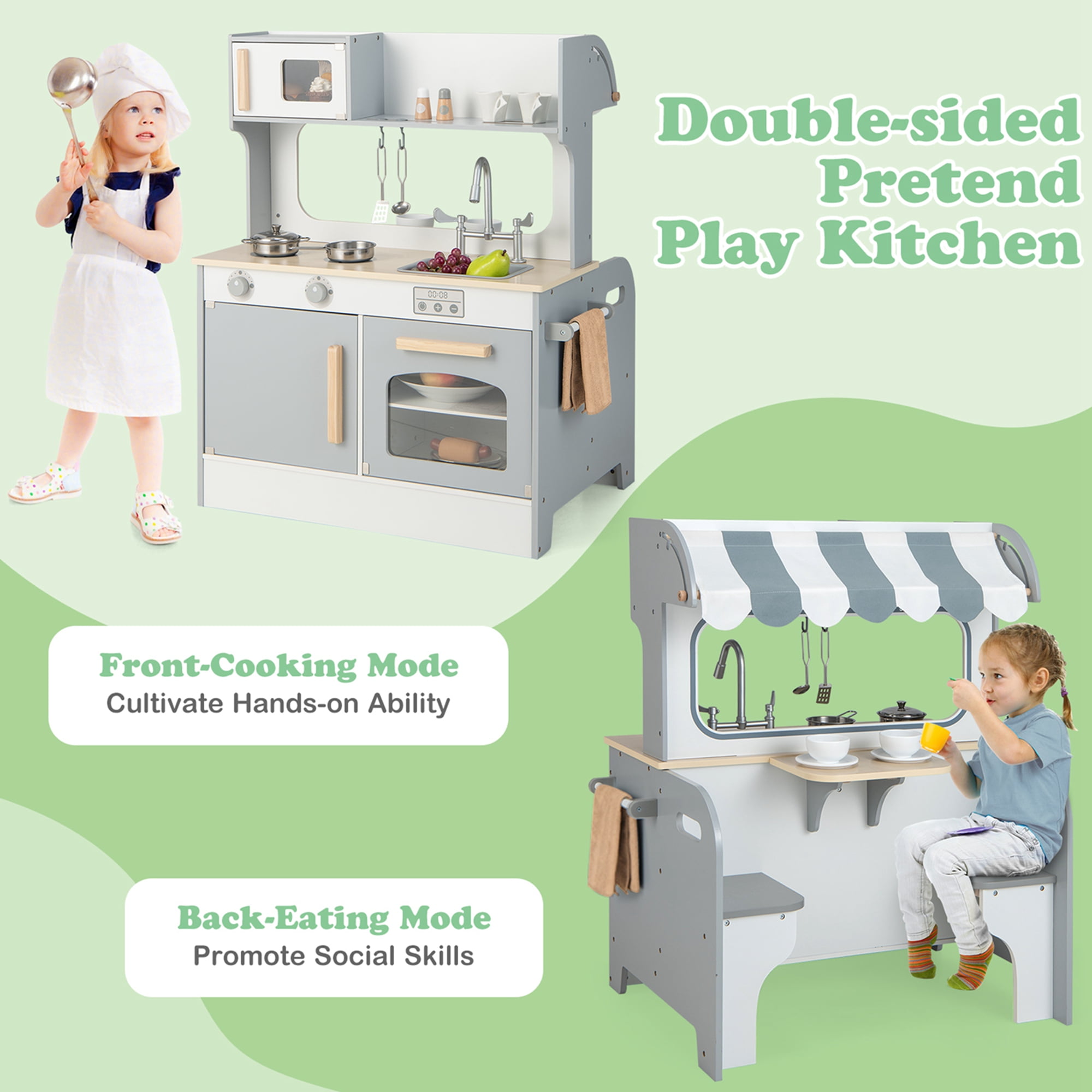 Double Sided Kids Pretend Kitchen Playset with 2 Seat Cafe Gray
