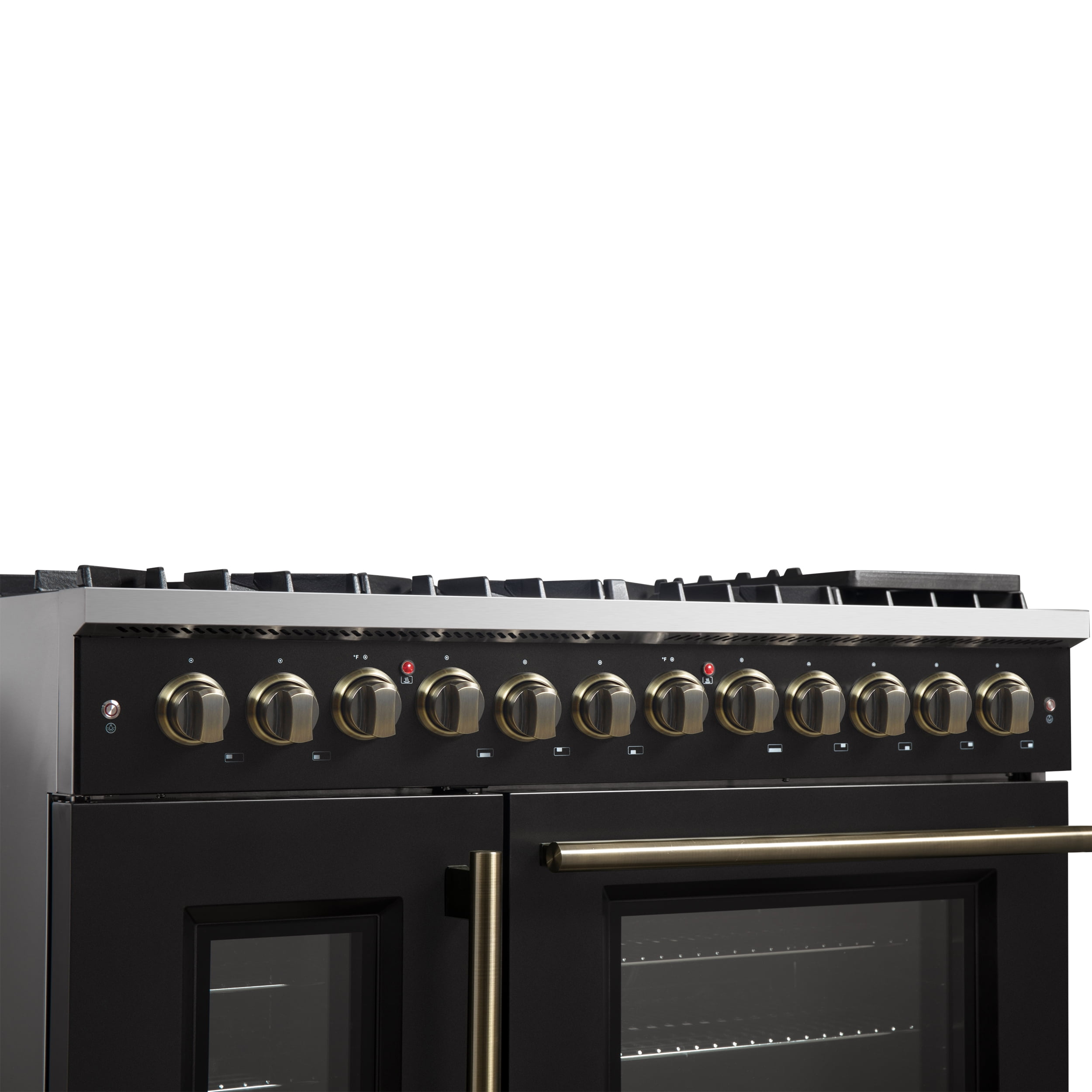 Forno Galiano 48-inch French Door Dual Fuel Range, Black  Antique Brass Design, 8 Sealed Burners - 107,000 BTU, Griddle, 6.58 cu.ft. Double Ovens