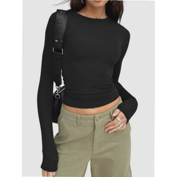 Womens Crew Neck Basic Long Sleeve T Shirt Slim Fit Tees Fall Going Out Crop Tops Cute Tight Shirts