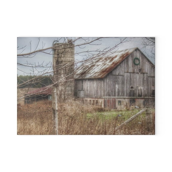 U R There Photography Churchill Christmas Barn I Rustic Farmhouse Tempered-Glass Cutting Board 8"x 11"