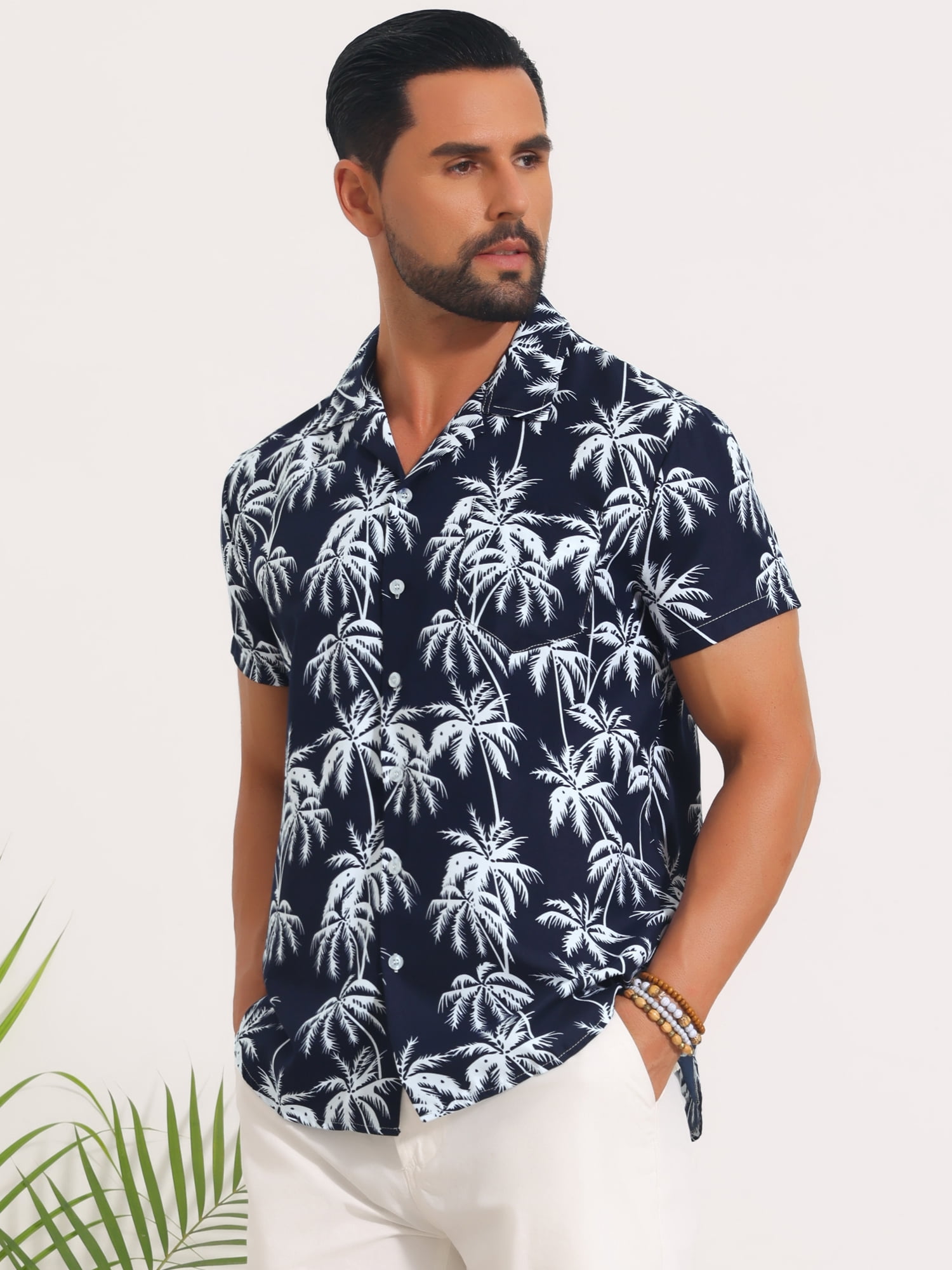 DARING DIVA Men's Short Sleeve Button Down Camp Collar Leaf Print Shirts M Navy Blue