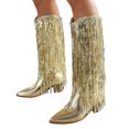 thumbnail image 3 of Povozer Cow Boots for Women Cowboy Boots Print Half Boots Pull on Mid Heel Cowgirl Boots(Gold,8.5), 3 of 6