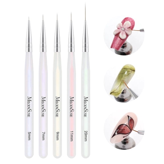 MelodySusie 5Pcs Nail Art Liner Brush Set, Sizes 5 7 9 11 20mm Professional Gel Polish Painting Pens for Fine Lines, Delicate Coloring and Tiny Details