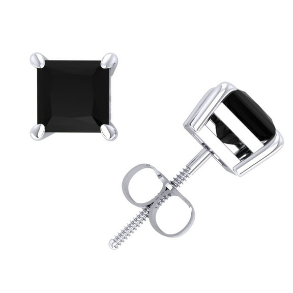1.0Ct Princess Cut Black Diamond Basket Stud Earrings 14k White Gold Prong Set I1