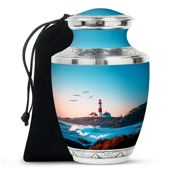 Blue Ocean Light House Large Decorative Urns For Human Ashes Adult Man - Cremation Urn For Adult Women Ashes - Funeral Memorial Ashes - 10 Inch