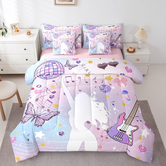 Erosebridal Purple Guitar Bedding Sets Twin Size,Butterfly Disco Ball Comforter Sets with Sheets,Musical Notes Bed in a Bag Twin size,Breathable Bling Room Decor,Reversible,7pcs
