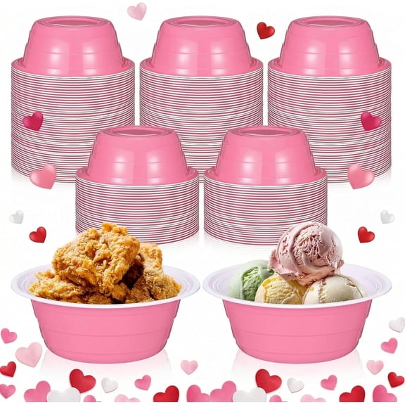 50pcs 23oz Valentine Disposable Plastic Bowls Pink Large Disposable Party Cup Bowls for Snacks, Salads and Desserts for Birthday Holiday Event