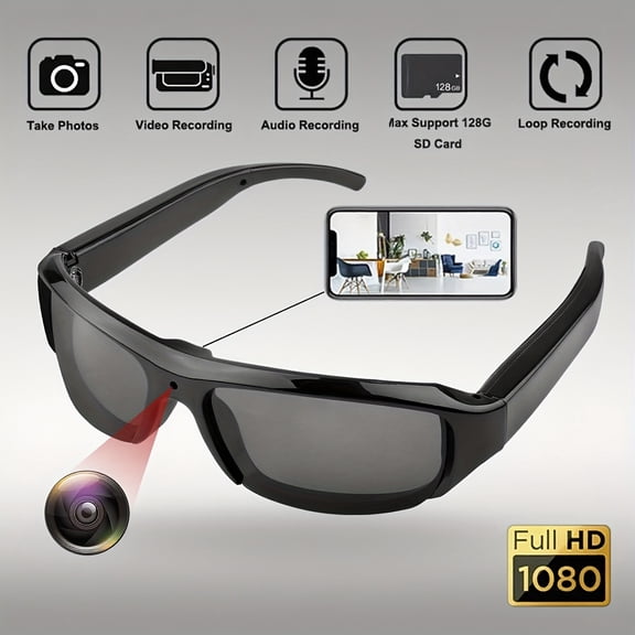 Smart Glasses with 1080P Camera, 32/128G TF Card Slot & 300mAh Battery, Portable DVR for Smartphone