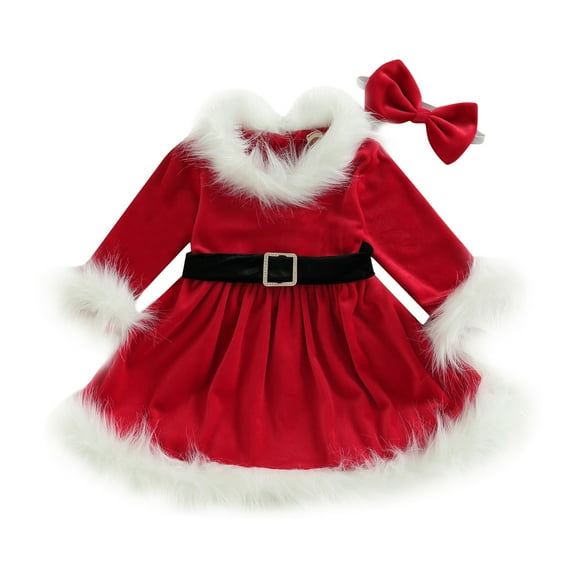Christmas Clothes Set 12M 18M 24M 3Y 4Y 5Y 6Y Faux Fur Patchwork Long Sleeve Off Shoulder A-Line Dress with Belt   Bow Headband