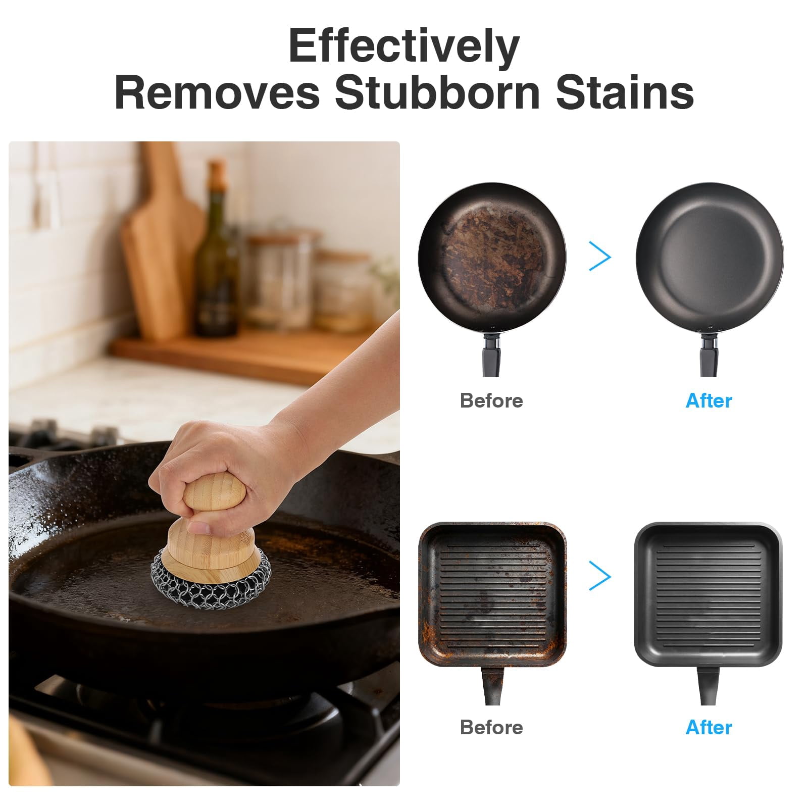 Cast Iron Scrubber and Scraper,Chain Mail Cleaner with Bamboo Handle & Draining Tray,316 Stainless Steel Brush for Cleaning Pots,Pans,Wok,Bakeware,Griddles, Grills,Dishes (Small Chain Mail)