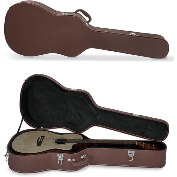 Acoustic Guitar Hard Case Fits 41-Inch Guitars, PVC Leather Covered Lightweight Hardshell Case with Plush Lining, Lock Latch for Storage & Travel, Brown