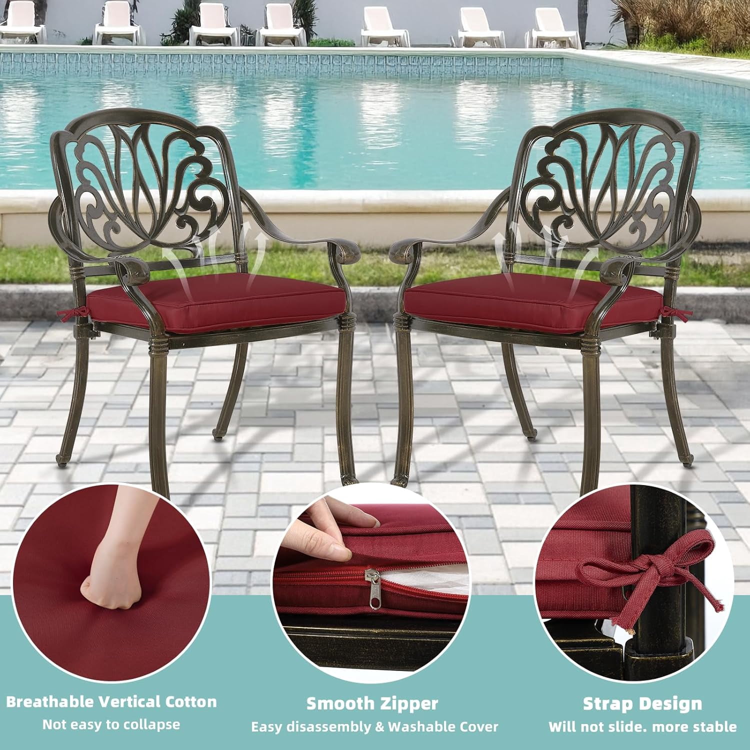 MEETWARM 5 Piece Outdoor Furniture Patio Dining Set, All-Weather Cast Aluminum Patio Table and Chairs Set- 4 Cushioned Chairs, 1 Round Dining Table with Umbrella Hole for Backyard, Chili Red