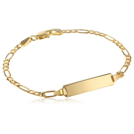 14K Solid Yellow Gold Figaro Chain ID Bracelet, 6" - 7"