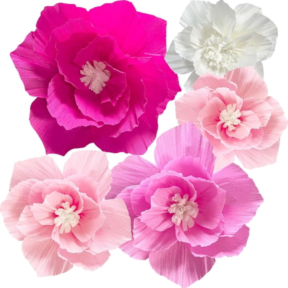 SONGAUN Pink Paper Flowers Artificial Crepe Tissue Hot Light Pink White Wall Décor Wedding Birthday Bridal Baby Shower Classroom Nursery Room Backdrop Centerpieces 5 Pcs Party Decorations Supplies