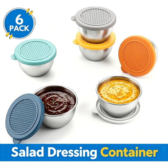 Asunby Stainless Steel Sauce Containers to Go, 1.7 oz Leakproof Reusable Condiment Cups with Lids for Meal & Lunch Box - Easy to Open Dipping Sauce Holders (6 Pack)