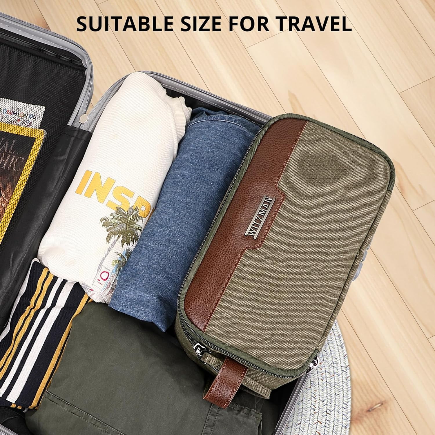 WITZMAN Canvas Toiletry Bag for Men Large Capacity Hanging Dopp Kit for Men Leather Toiletries Water-Resistant Bathroom Bag(A8002 Army Green)