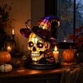 thumbnail image 5 of sruoe Halloween Stained Glass Skull Table Lamp, Witch Hat LED Light Prop, Halloween Seasonal Desktop Ornament, Halloween Holiday Decor for Tabletop Mantel Shelf, 5 of 6