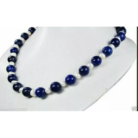 K-KED Natural 10mm Blue Lapis Lazuli & White Freshwater Pearl Necklace 18''