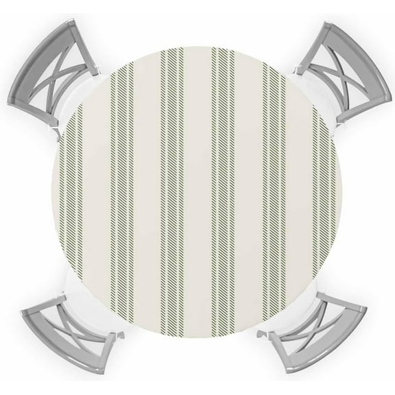 Sage Green Stripe Round Tablecloth Fitted Table Cover, Retro Farmhouse Geometric Beige Striped Elastic Tablecloths Waterproof Outdoor Indoor Stretch Cloth Tablecover for Dinner, Party, Shower, 45-52IN
