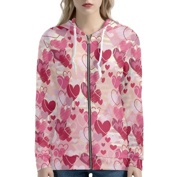 Renewold Active Zip Up Hoodie Jacket for Women Valentine's Day Preppy Round Neck Activewear Top Pink Hearts Long Sleeve Hooded Sweatshirt Coat Size M