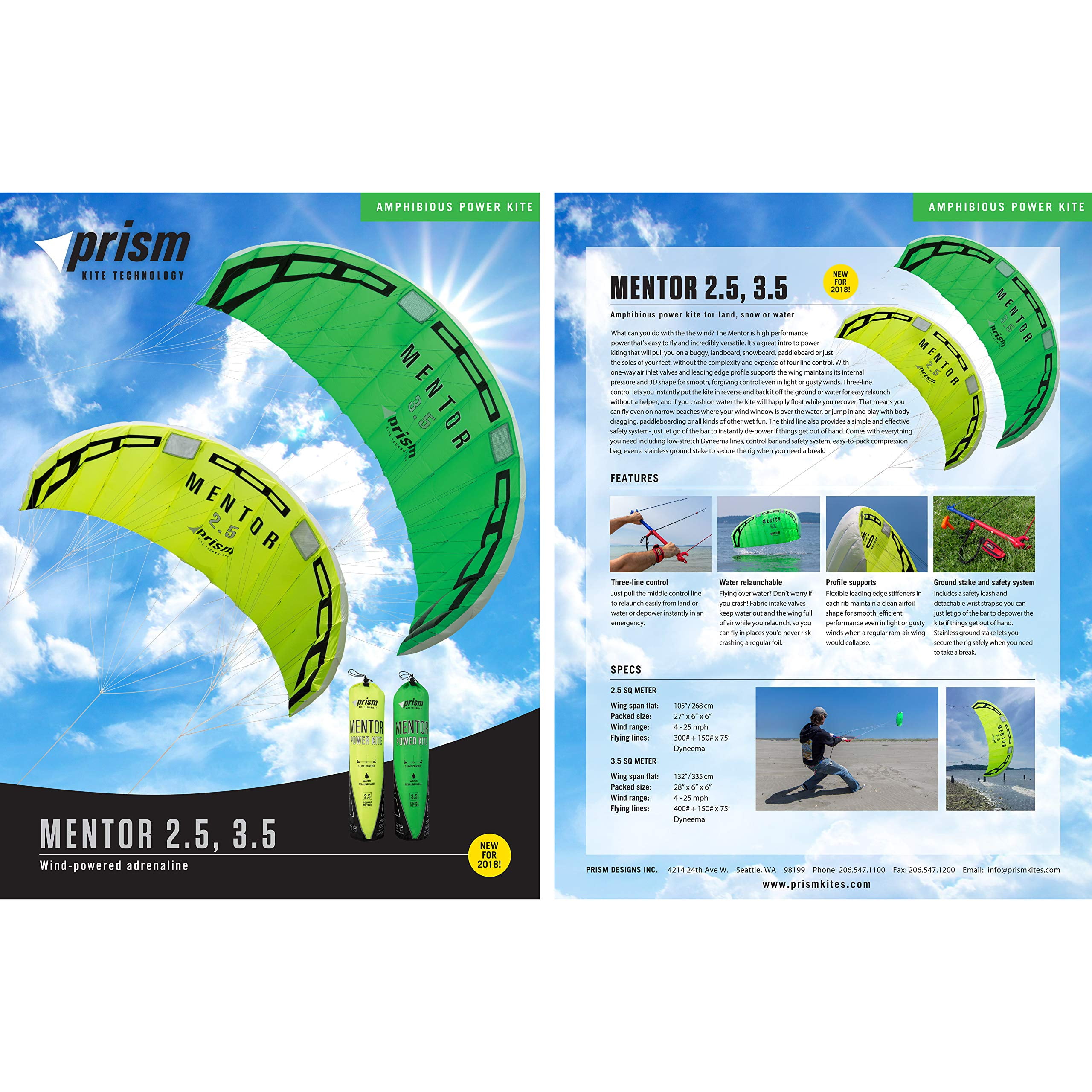 Prism Mentor 2.5m Water-relaunchable Three-line Power Kite Ready to Fly with Control bar, Ground Stake and Quick Release Safety Leash