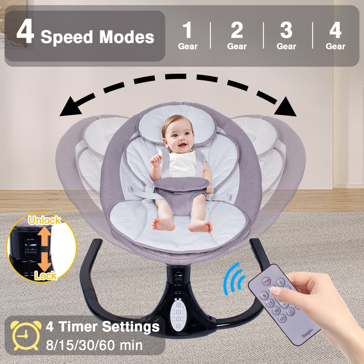 GIATUEE Electric Baby Swing with 12 Lullables, 4-Speed Infant Toddler Swings Bouncer, Bluetooth